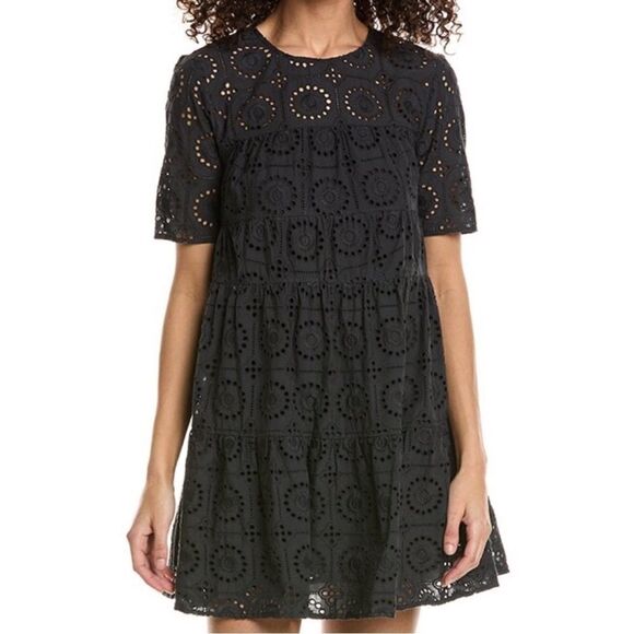 Staud Hyacinth Embroidered Eyelet Babydoll Mini Dress Black Short Sleeve SIZE SM - Picture 1 of 11
